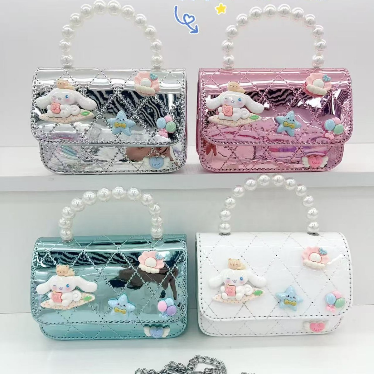 New mirror-like children's cartoon single-shoulder bag, girls' crossbody bag, pearl handbag, internet-famous girls' cute chain bag details Picture