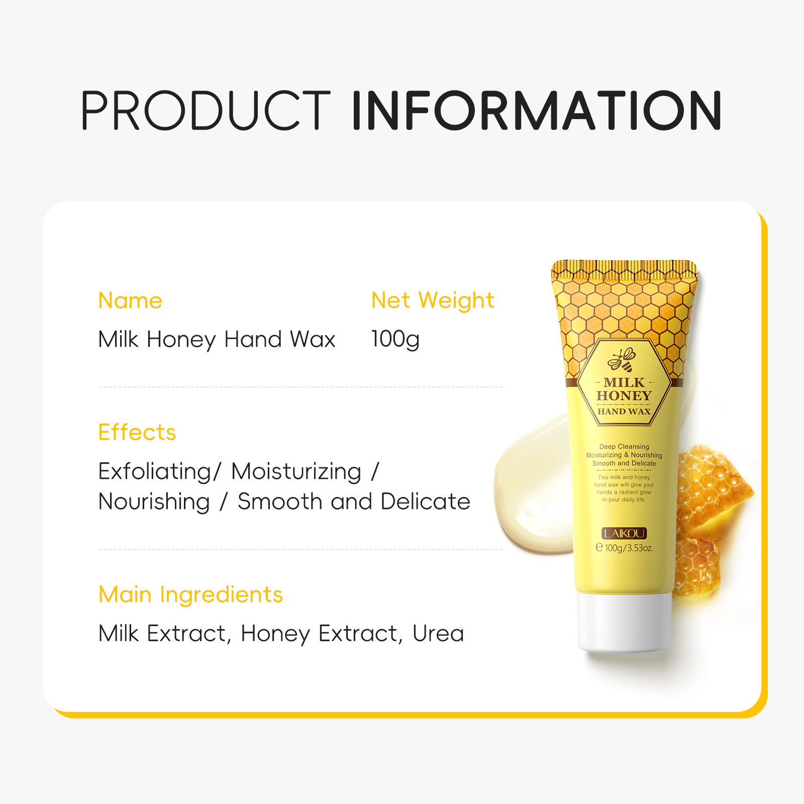 Cross-border English version LAIKOU Honey Milk Hand Wax 100g Hand Mask Moisturizing, hydrating and hydrating Autumn and winter manufacturer in stock Application Scenario