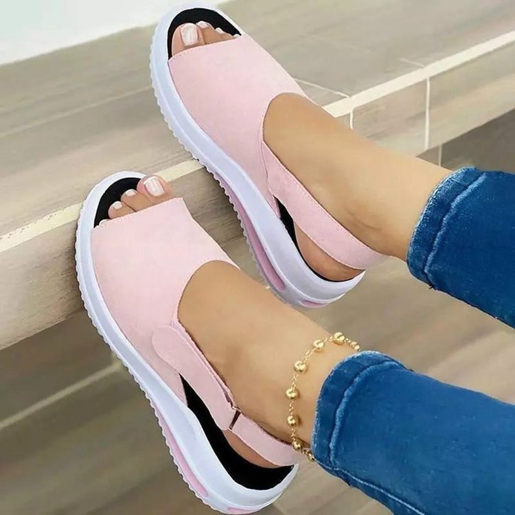 2021 Foreign trade new large-sized fish-mouth wedge heel shoes for women, thick-soled beach Velcro sandals in solid color, light opening single shoes for women full figure