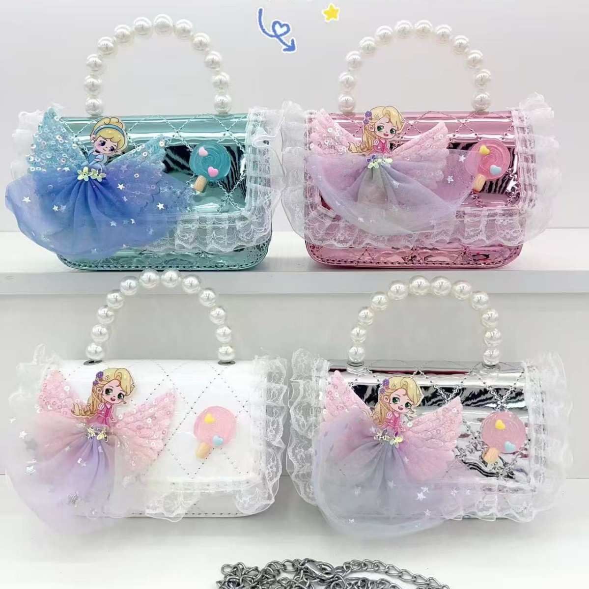 Children's bags, girls' fashionable chain crossbody bags, cute cartoon single-shoulder bags, shiny pearl handbags, small square bags details Picture