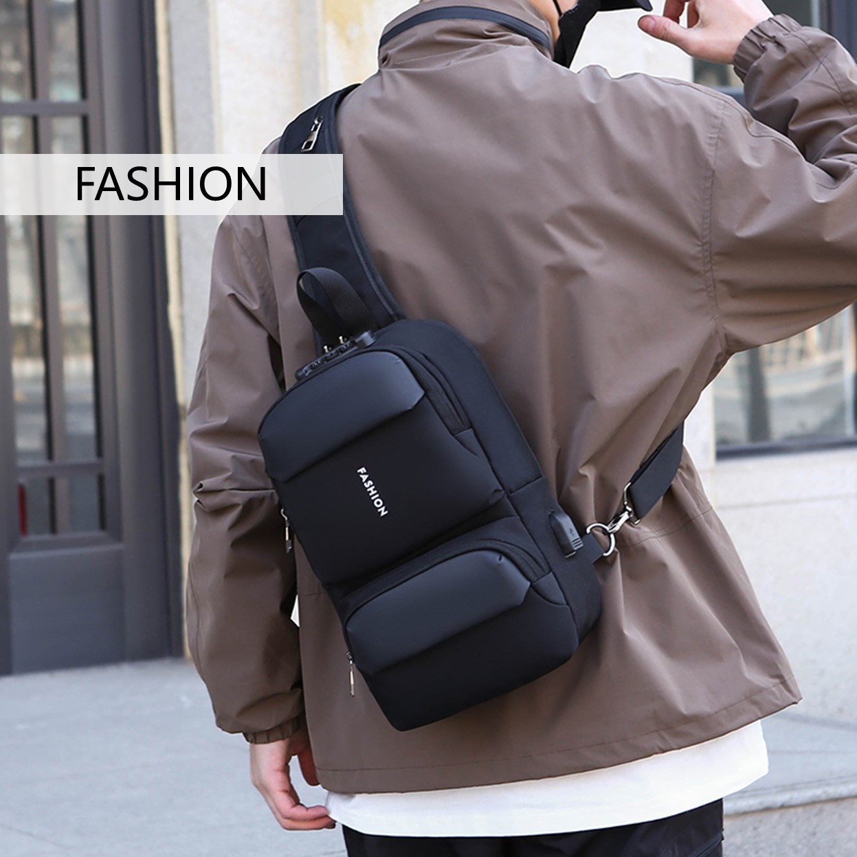 Cross-border wholesale men's chest bags, fashionable single-shoulder crossbody bags, multi-functional sports chest backpacks, USB charging port bags details Picture