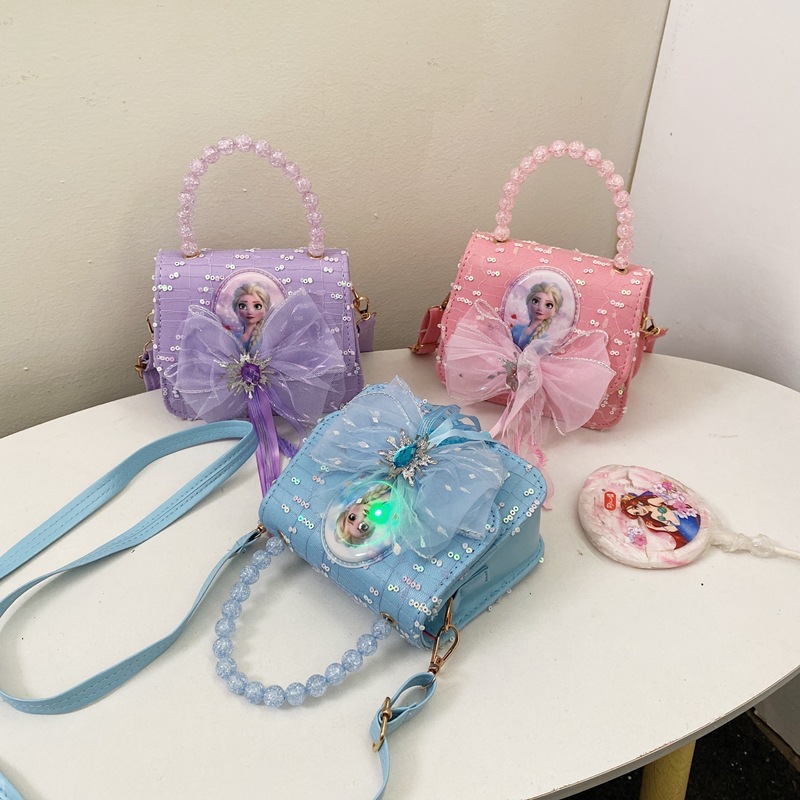 New Elsa Princess hand-held crossbody bag for girls, Ice Princess, fashionable girls' backpack with flashing light full figure