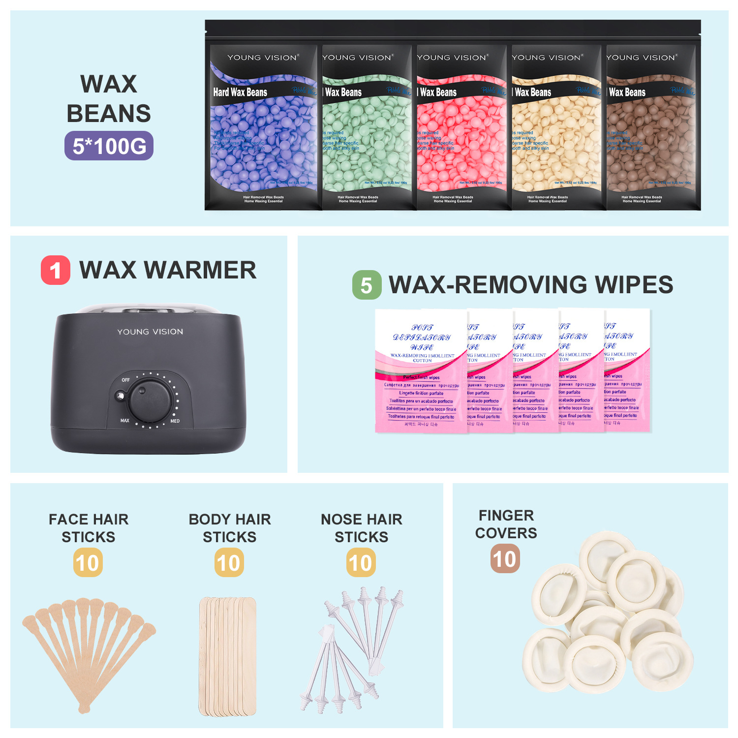 YOUNG VISION Foreign Trade version Wax Bean Honey Wax bristle Golden Non-stick pan Melting wax Therapy Machine 7-piece set Specification drawing