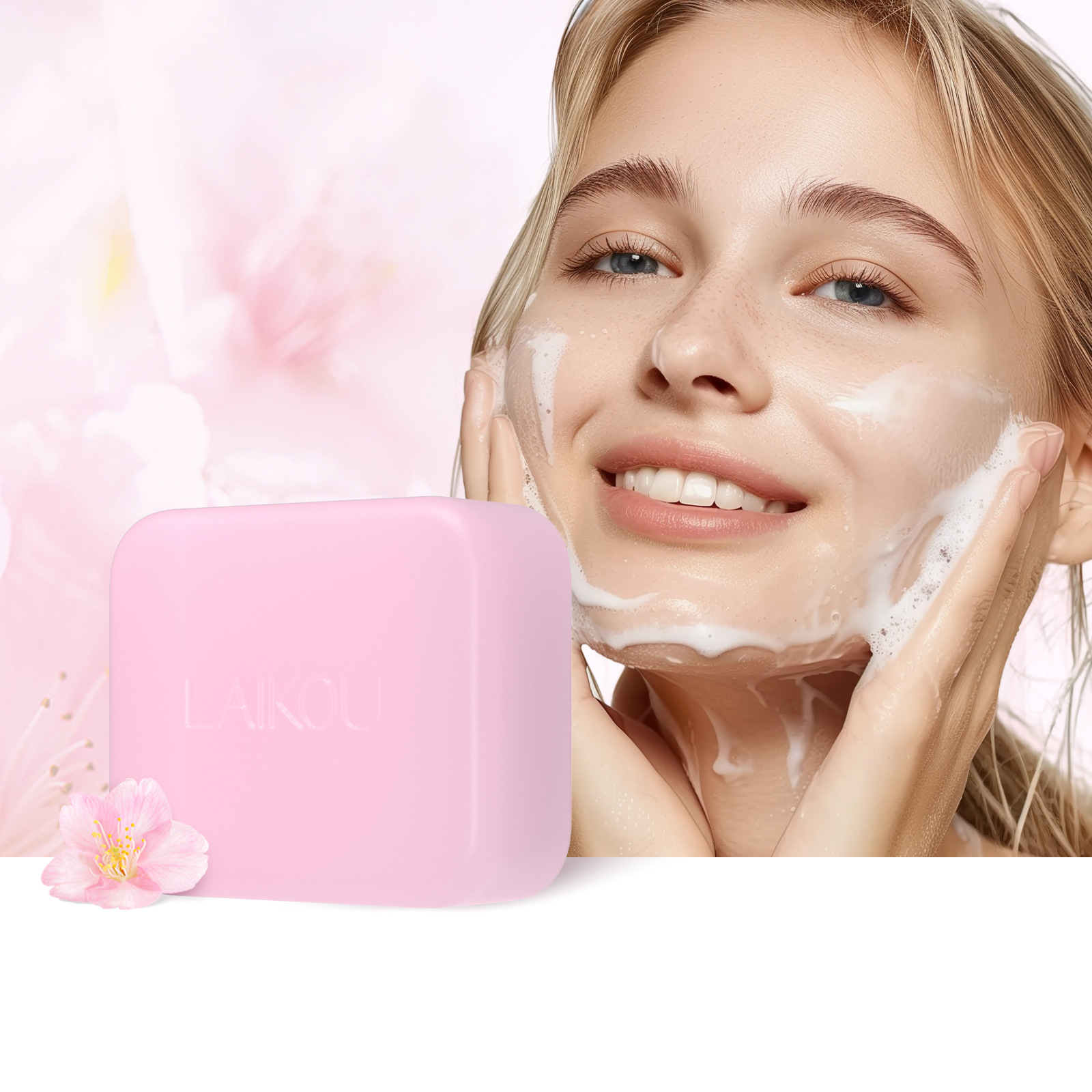 The new cross-border product LAIKOU Moisturizing and Cleaning Cherry Blossom Handmade Soap 110g is in stock and available for wholesale from the manufacturer. It comes in English packaging full figure