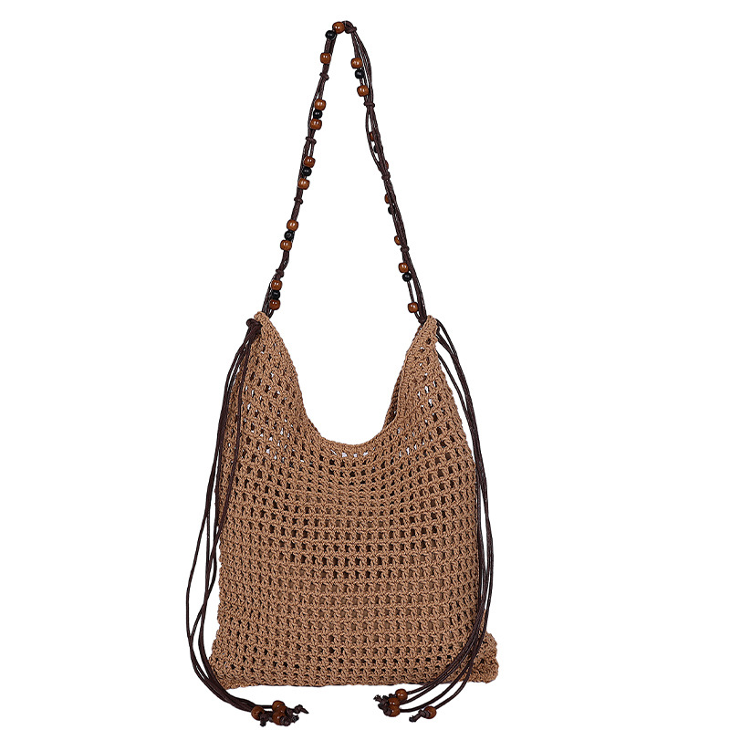 Summer woven beaded single-shoulder bag for women, large capacity, retro and fashionable, hollowed-out casual vacation style underarm crossbody bag Item Picture