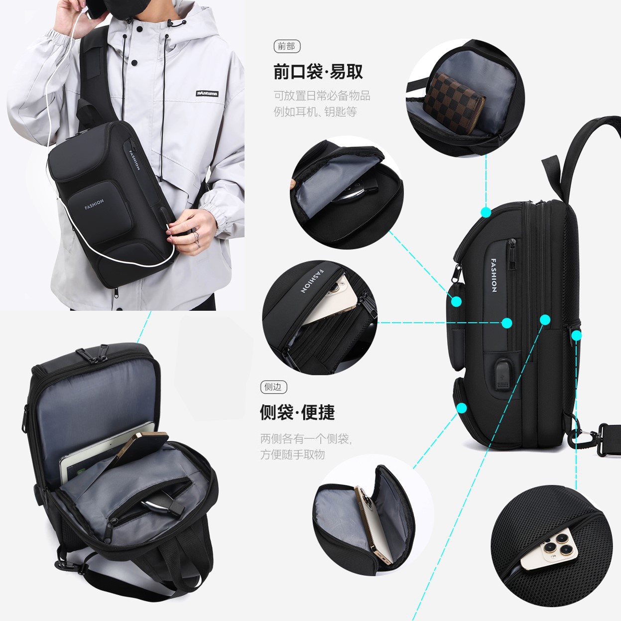 Men's chest bag, crossbody bag, men's fashionable and casual crossbody bag, crossbody backpack, single-shoulder bag, cross-border men's bag, chest bag, trendy Application Scenario