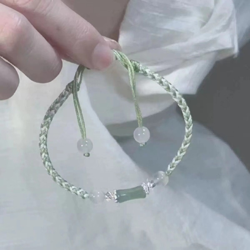 【 Continuous Progress 】 Natural black agate bamboo joint Pure hand-woven bracelet, Green Dongling Forest Style Girlfriend Bracelet 132 details Picture
