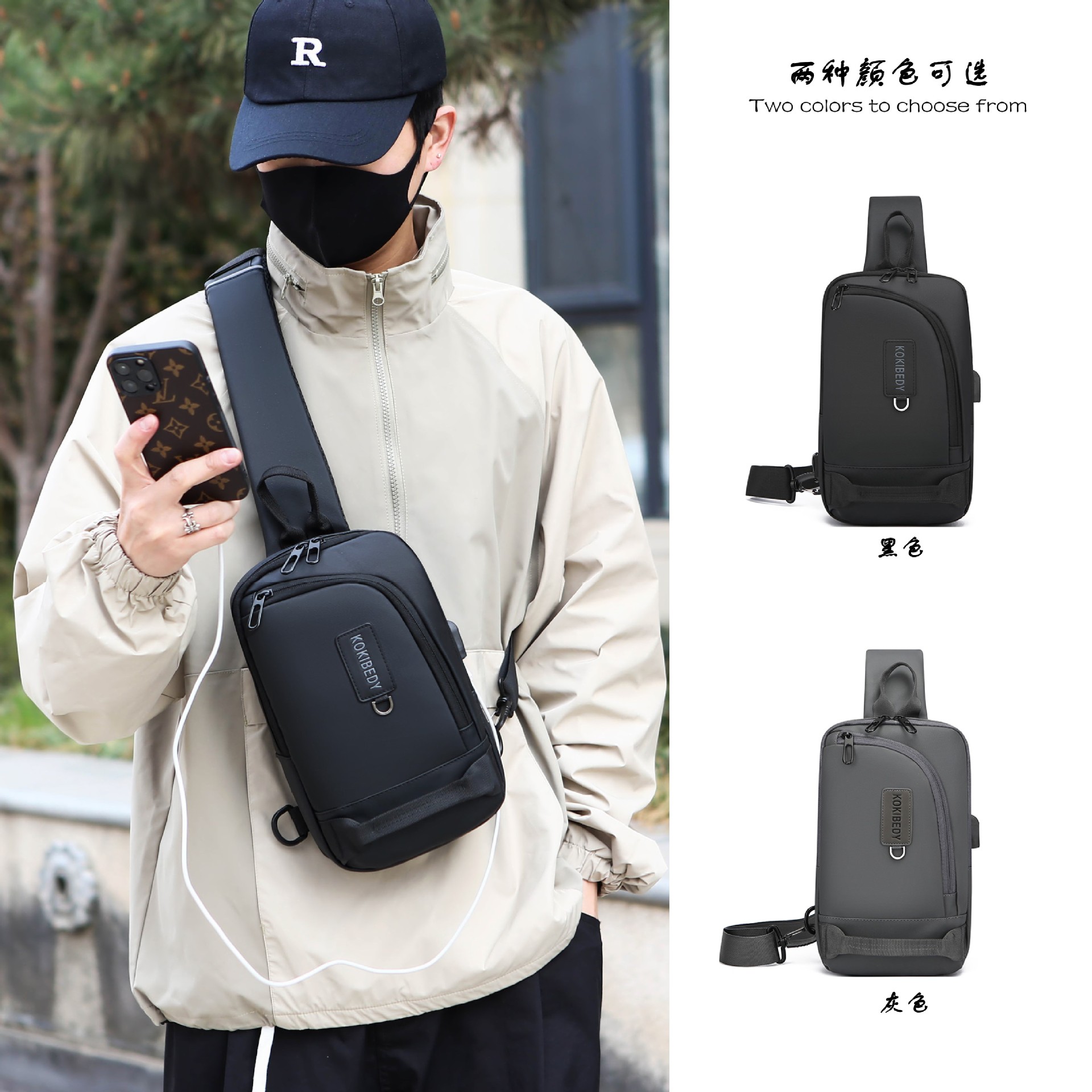 Men's multi-functional USB charging port bag, fashionable single-shoulder crossbody bag, cross-border wholesale sports chest backpack details Picture