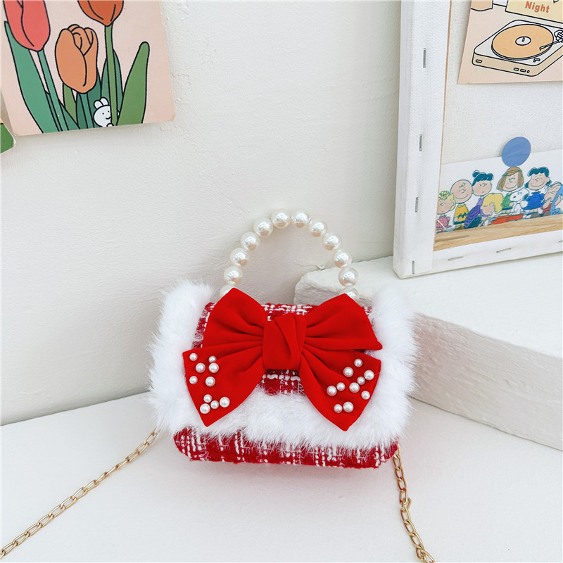 Children's small square bag, fashionable pearl handbag, autumn and winter children, New Year festival girls' bow, fabric single-shoulder bag Specification drawing