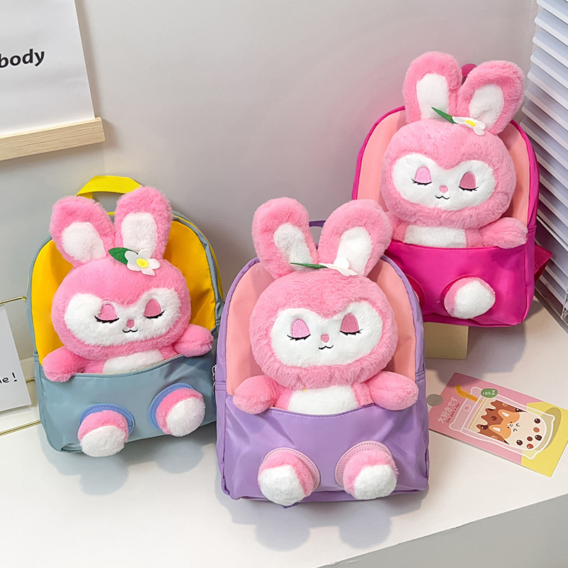 Cute strawberry rabbit plush toys, cartoon kindergarten schoolbags, fashionable small backpacks, cartoon girls' backpacks details Picture