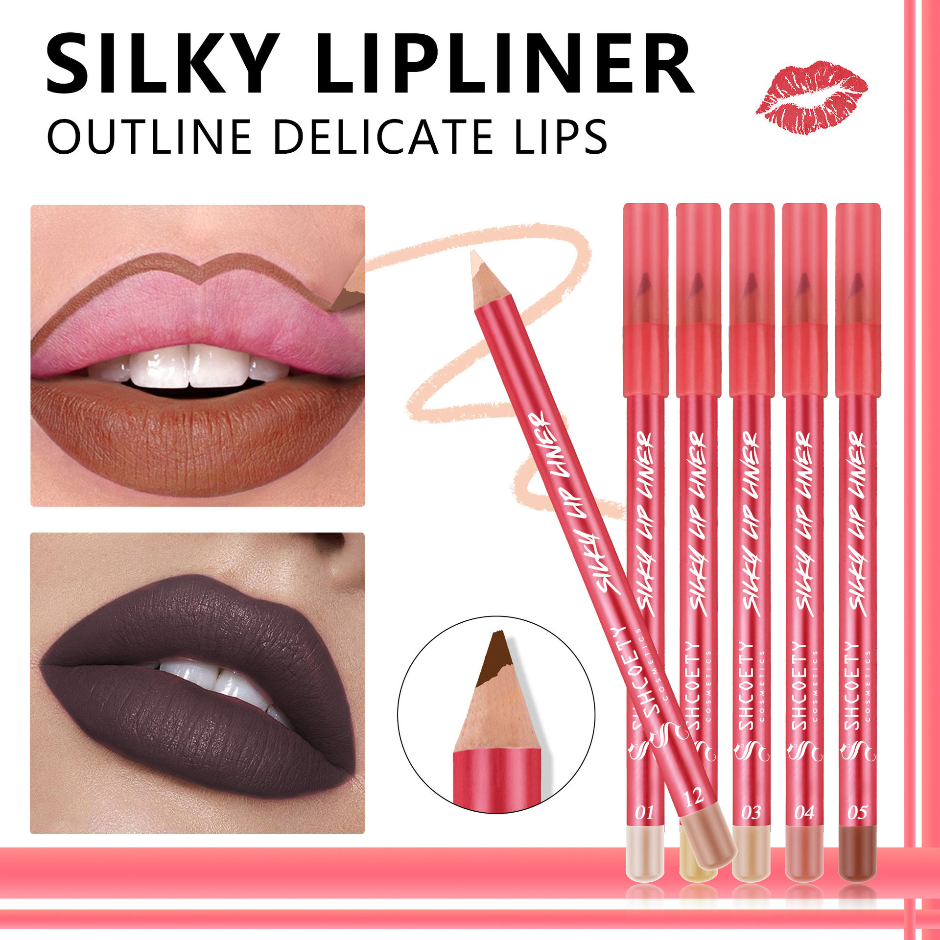 SHCOETY European and American Cross-border 12-color matte red Lip liner Pen Set, Nude color, long-lasting and non-fading third generation details Picture