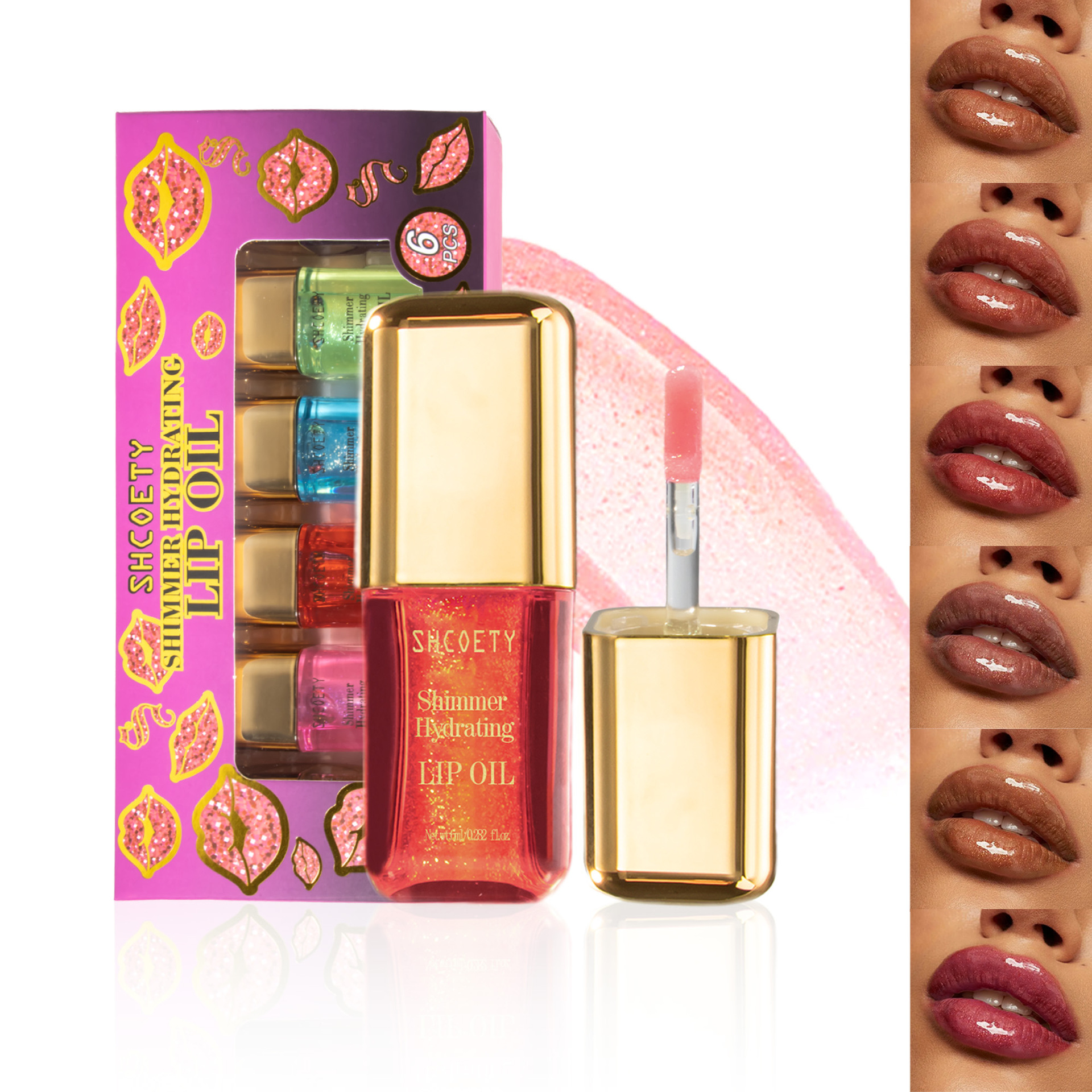 SHCOETY Cross-border mint-flavored Lip Oil Set Six-color Mirror Dudu Lip Gloss Moisturizes and hydrates for a long time without staining the glass full figure