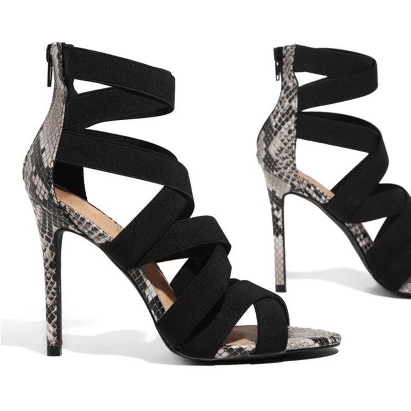 wish's best-selling high-heeled sandals for women 2021 new style, European and American snake-patterned thin-heeled sandals, cross-border large-sized women's sandals Item Picture