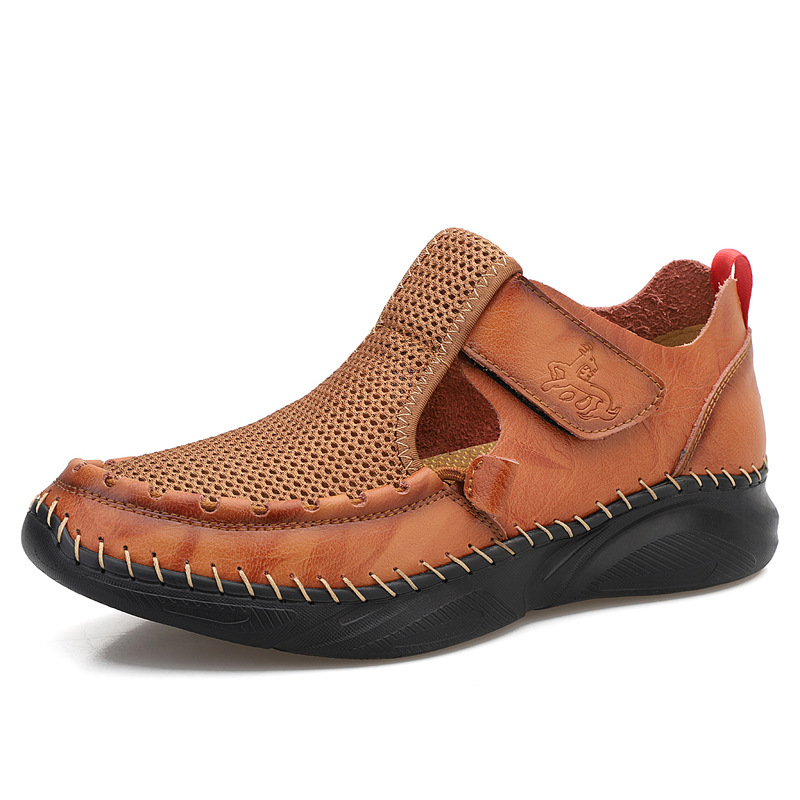 Cross-border plus-size men's sandals 2021 Summer new style mesh shoes, perforated breathable cowhide outdoor sports wading slippers details Picture