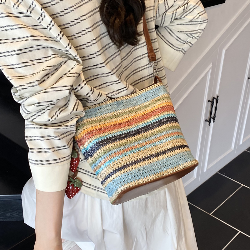 Handmade woven bag for women, 2025 new style straw woven bag, versatile shoulder bag, seaside vacation crossbody bag, bucket bag Specification drawing