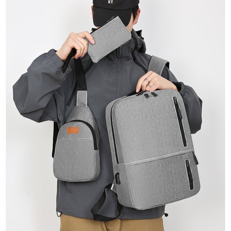 Backpack, large-capacity, high-end male student schoolbag, travel bag, notebook three-piece set, backpack, business computer bag full figure