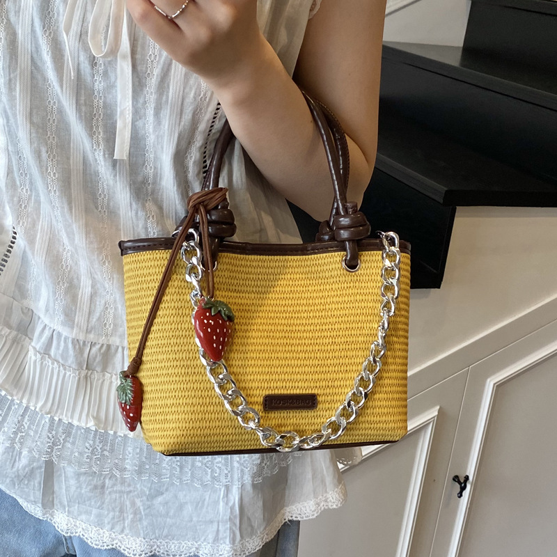 Summer vacation beach-style straw woven bag, hand-held crossbody bag, 2025 new style, stylish rope knot vegetable basket bag, woven bag details Picture