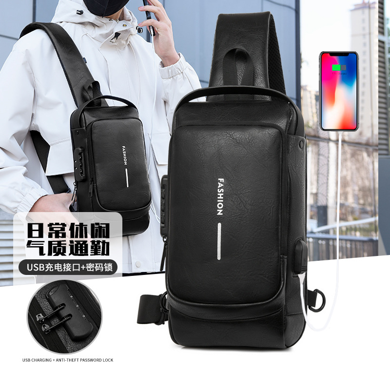 New men's crossbody bag, chest bag, leather bag, shoulder bag, sports mini backpack, multi-functional men's bag, combination lock, cross-border full figure