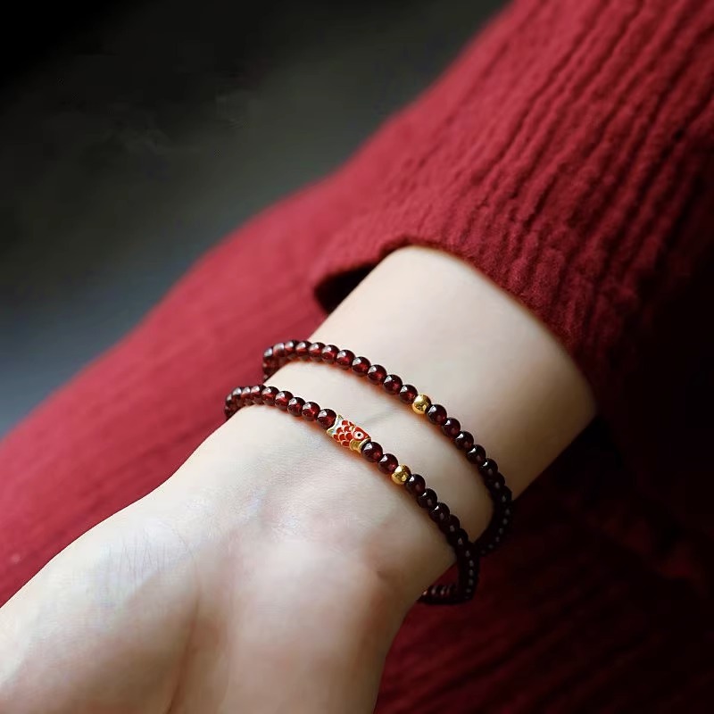S925 Silver Koi Multi-Ring Crystal Bracelet for Women, Chinese style zodiac Year jewelry, Natural wine red garnet crystal Bracelet 201 Specification drawing