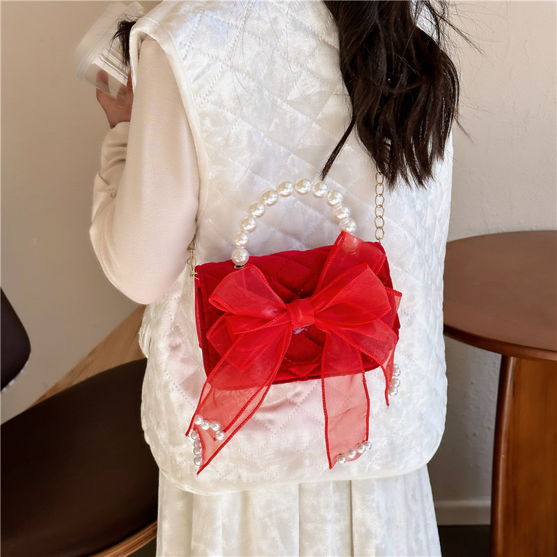 New Year's bag: Girl's crossbody pearl handbag, bow, heavy and stylish plush bag, red girl princess bag full figure