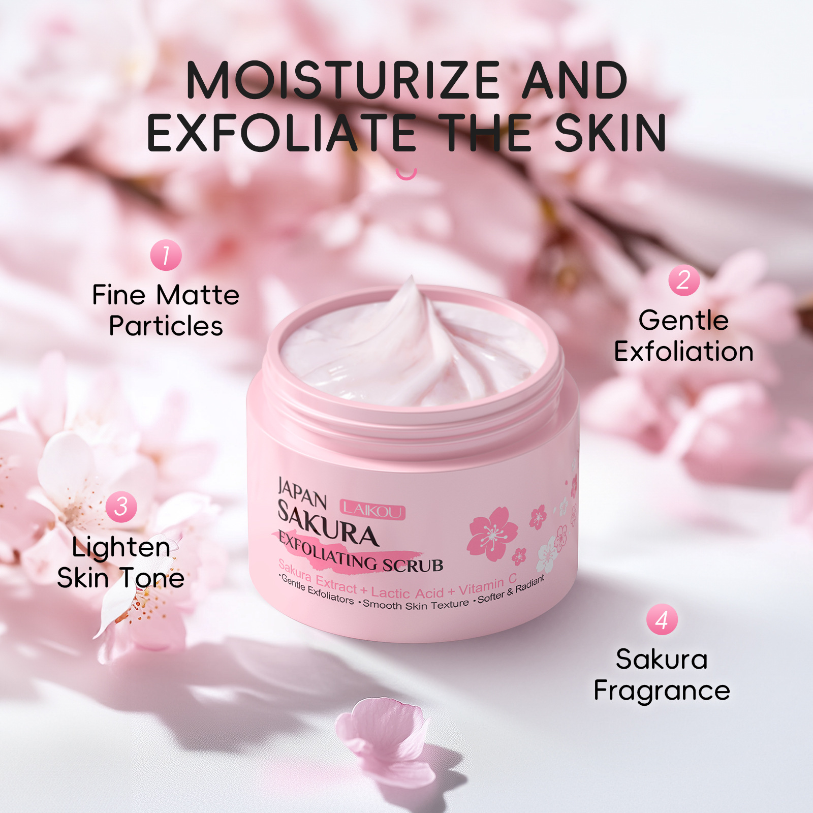 Cross-border new product LAIKOU Cherry Blossom Scrub 25g Cleansing and moisturizing, all-English packaging, cross-border supply manufacturer details Picture