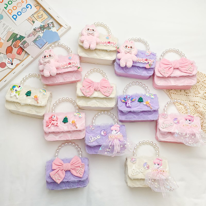 New children's bags: cartoon princess pearl handbag, cute bow, girls' single-shoulder crossbody bag, coin purse full figure