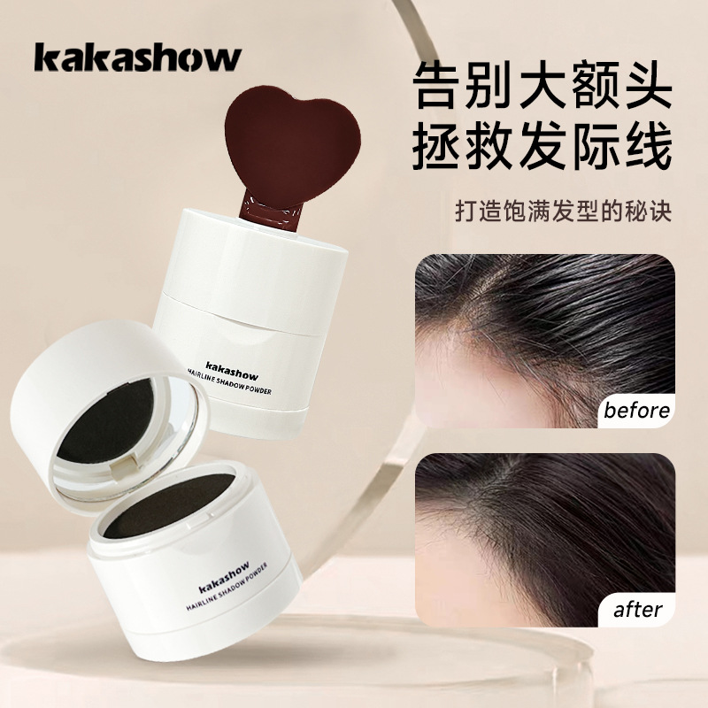 kakashow Hairline Shadow Powder is a waterproof hair replacement and contouring tool that naturally modifies the hairline without causing shadow smudging full figure