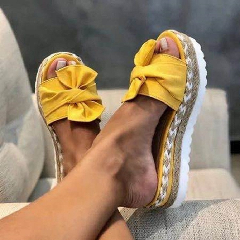 Summer wedge heel bow sandals for women, large-sized thick-soled rope beach shoes, large-sized women's shoes, size 43 wholesale full figure