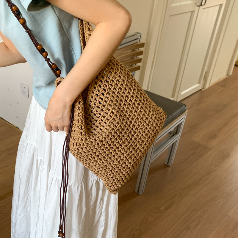 Summer woven beaded single-shoulder bag for women, large capacity, retro and fashionable, hollowed-out casual vacation style underarm crossbody bag Specification drawing