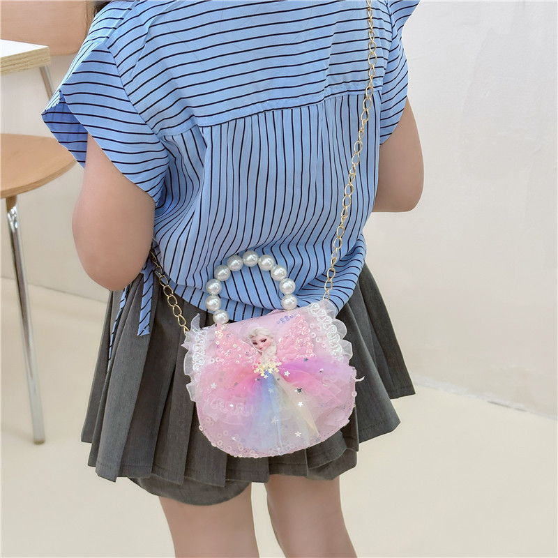 Princess Elsa crossbody bag, new children's bag, cute and fashionable single-shoulder bag for girls, pearl handbag for little girls details Picture