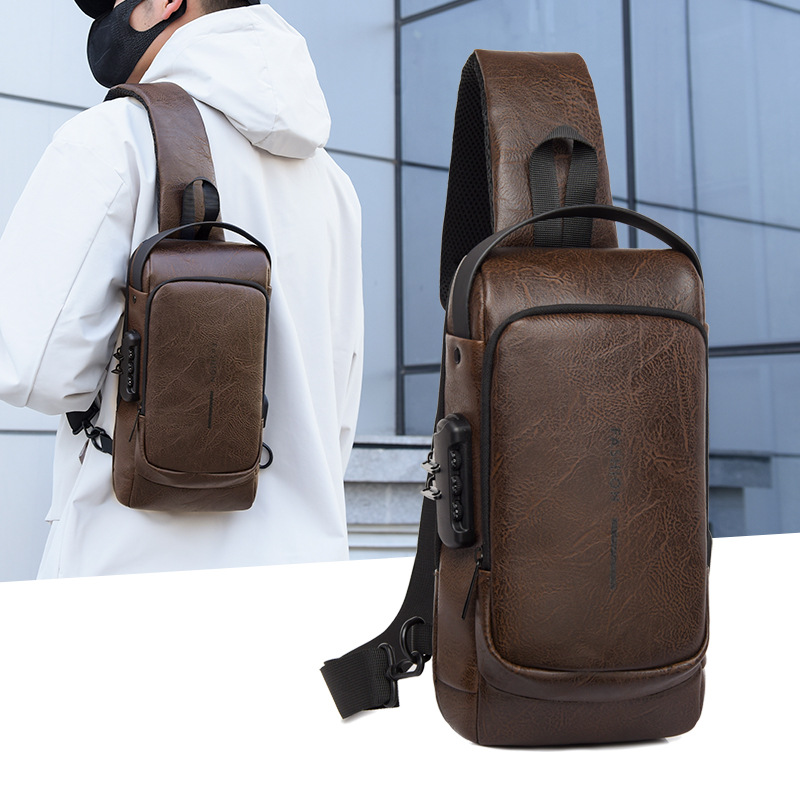 New men's crossbody bag, chest bag, leather bag, shoulder bag, sports mini backpack, multi-functional men's bag, combination lock, cross-border Application Scenario