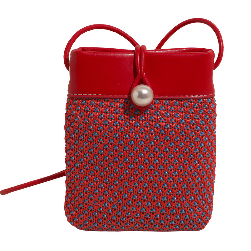 Retro patchwork woven mobile phone bag for women 2025 new summer fashion commuting single-shoulder crossbody pearl bucket bag Item Picture