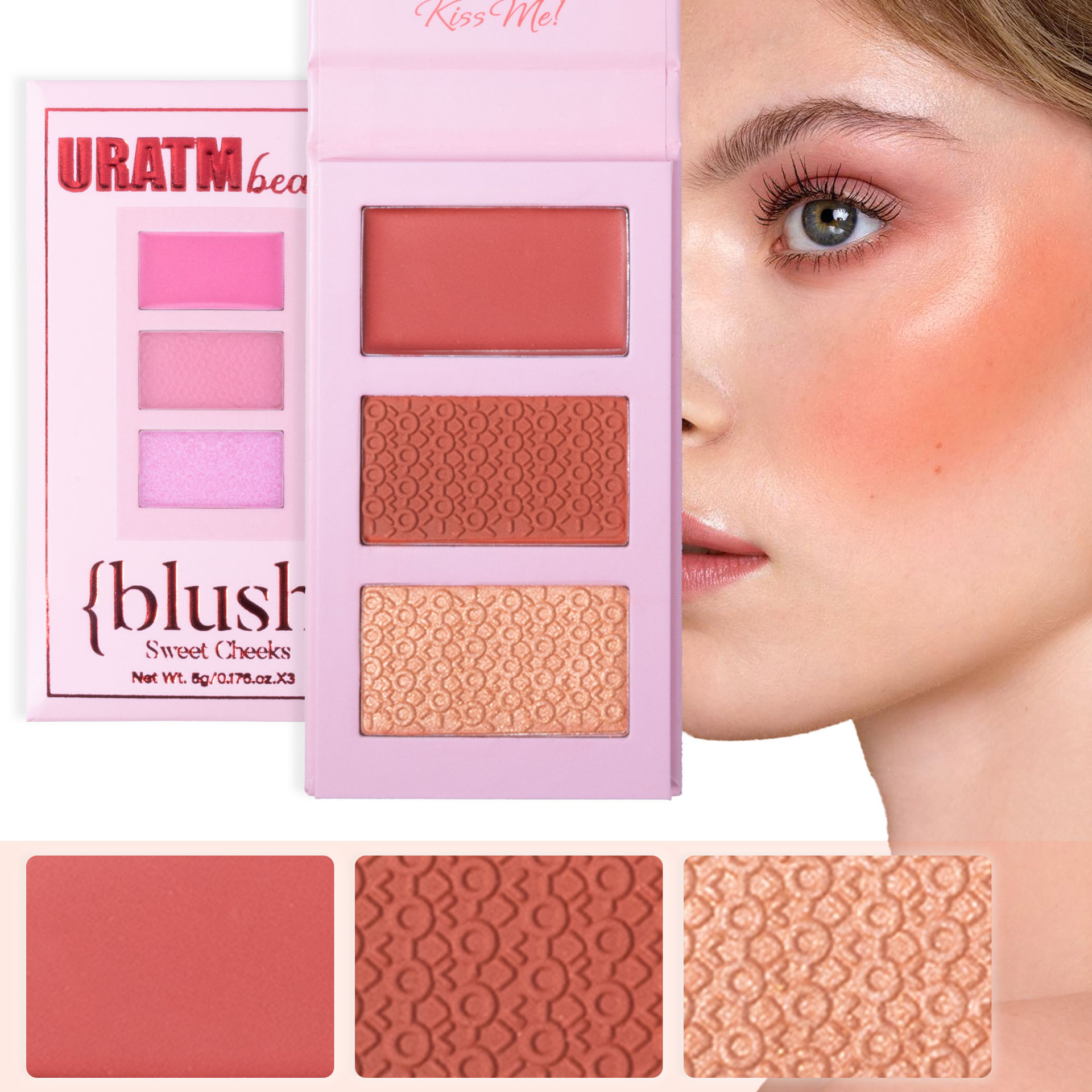 Three-color high-gloss blush plate, matte pearlescent three-dimensional contouring plate, brightening nose shadow, natural nude makeup contouring powder compact, cross-border full figure
