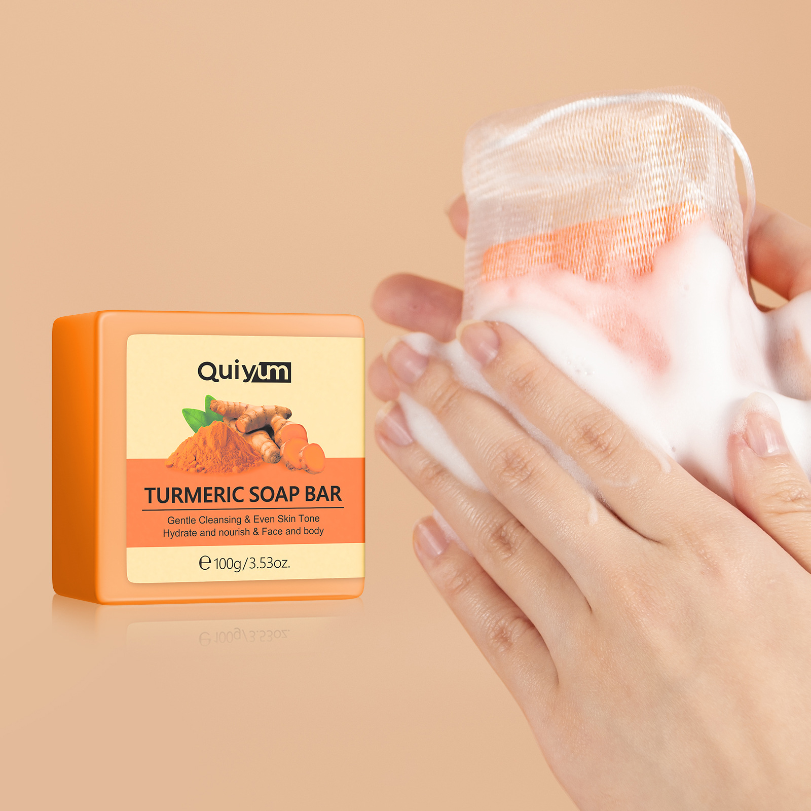 Cross-border QUIYUM turmeric essential Oil Soap 100g facial cleansing, hydrating and moisturizing skin care products one-piece consignment full figure