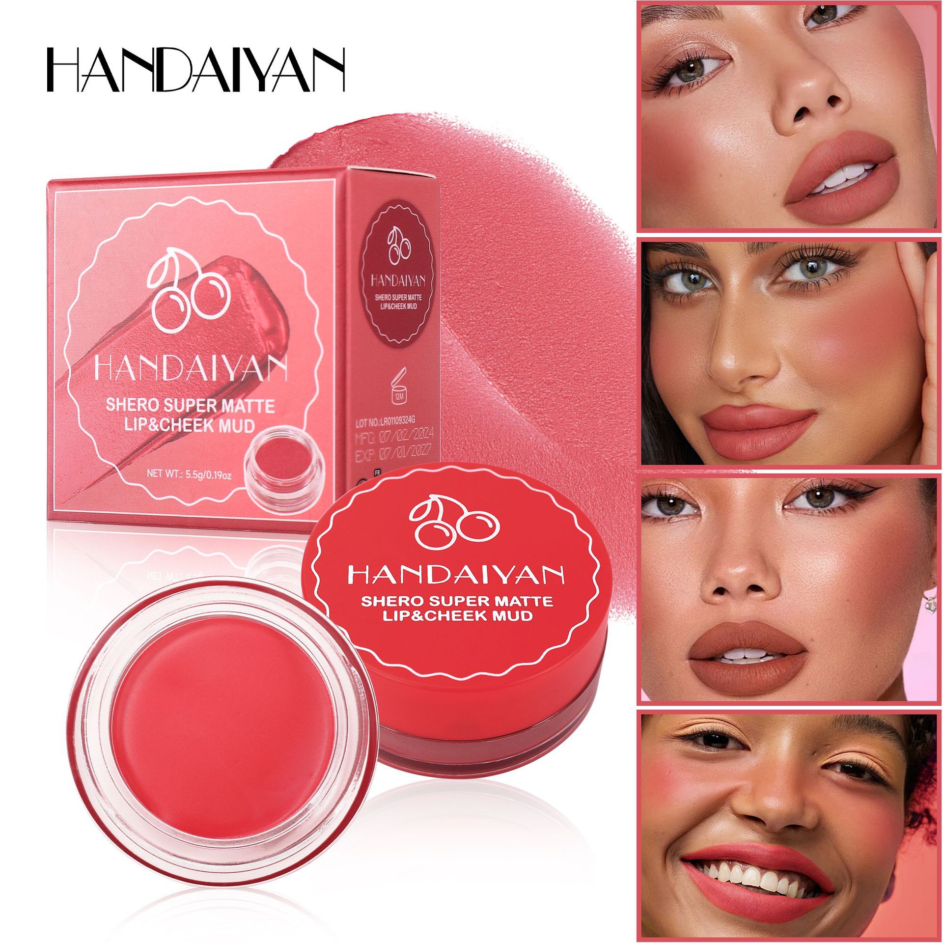 Cross-border Lip Mud Matte Long-lasting Lipstick handaiyan Matte long-lasting Waterproof Lip and Cheek Dual-purpose Lip Mud wholesale full figure