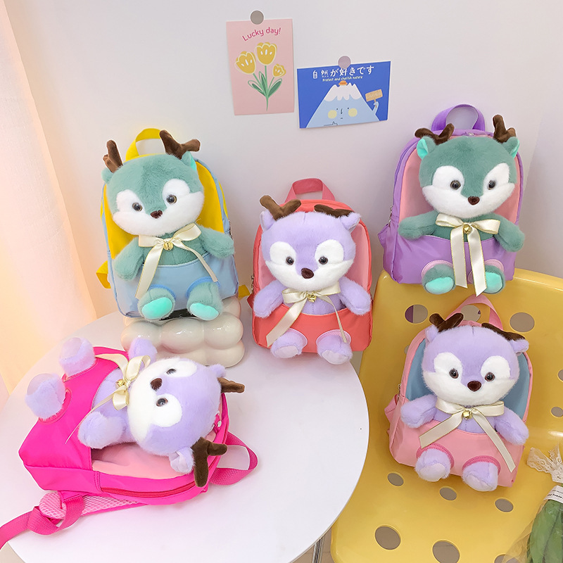 Cute children's sika deer plush backpack, new spring style kindergarten schoolbag, casual girls' backpack full figure