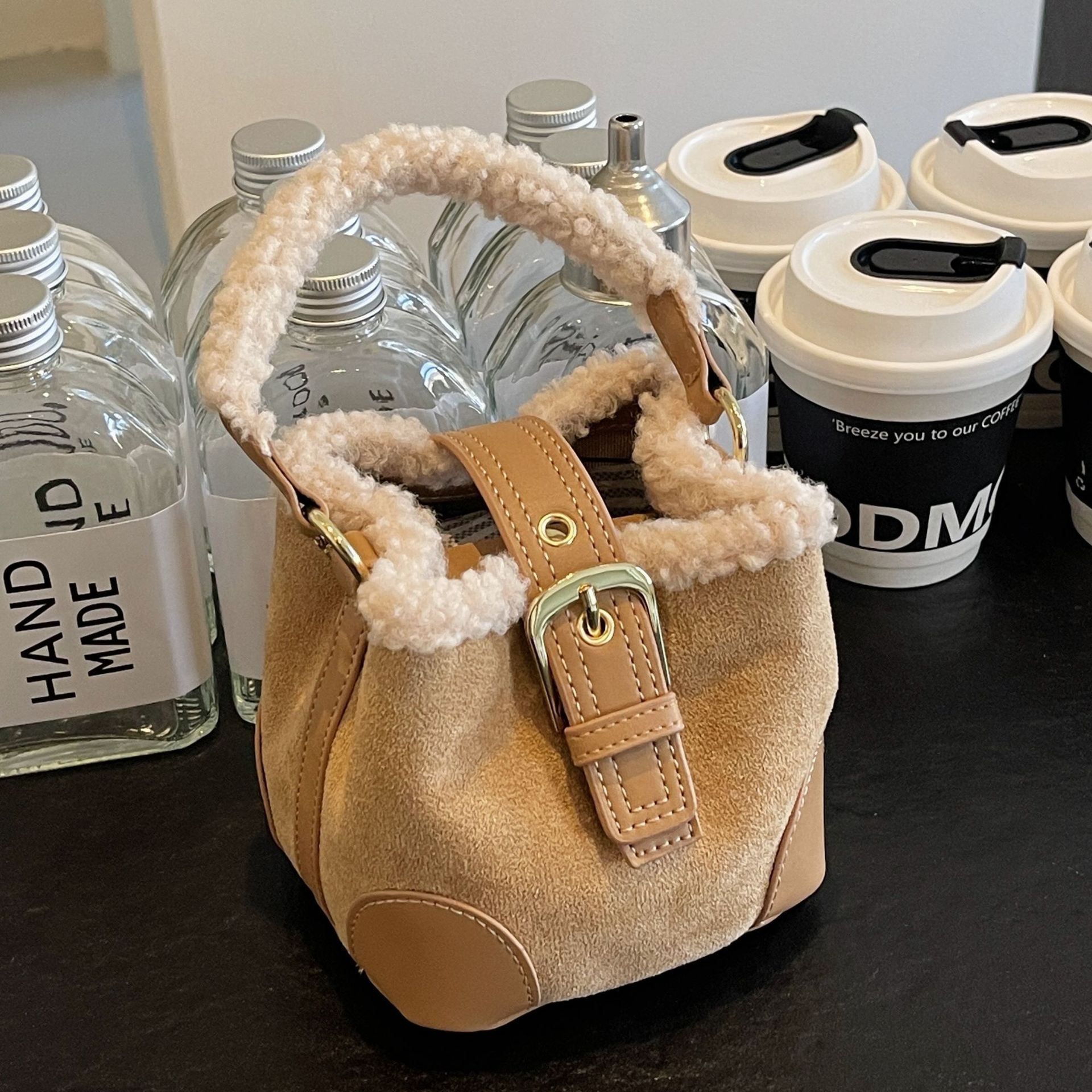 Lambskin mini bucket bag, Maillard suede retro handbag, 2024 new style, single-shoulder crossbody handbag full figure