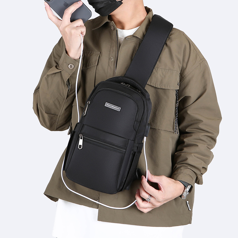 Men's chest bag, cross-border water-resistant crossbody bag, trendy casual single-shoulder backpack, USB rechargeable multi-functional men's bag details Picture