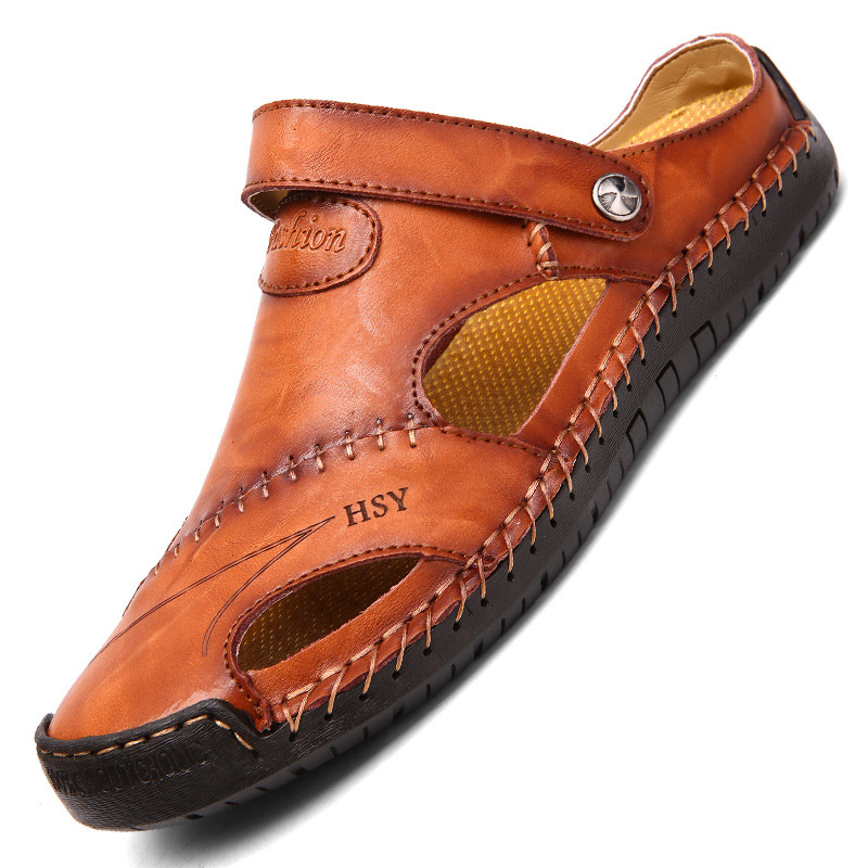 Amazon cross-border Spring/Summer men's oversized sandals, men's trendy leather beach shoes, casual flip-flops, men's shoes, sewn shoes details Picture