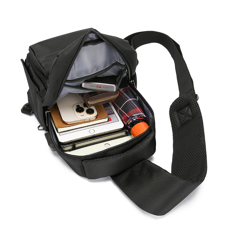 2024 New men's chest bag, trendy casual single-shoulder bag, cross-border water-resistant crossbody bag, USB rechargeable men's bag Item Picture