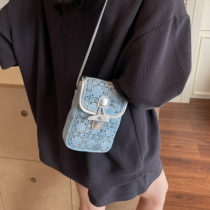 Summer's trendy denim small bag for women, 2025 new style fashionable shiny diamond phone bag, casual and high-quality single-shoulder crossbody bag Specification drawing