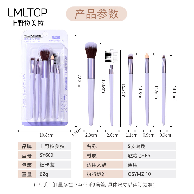 LMLTOP 5 makeup brushes, loose powder brush, eyeshadow brush, eyeshadow stick, eyebrow comb, makeup set brush SY609 Application Scenario