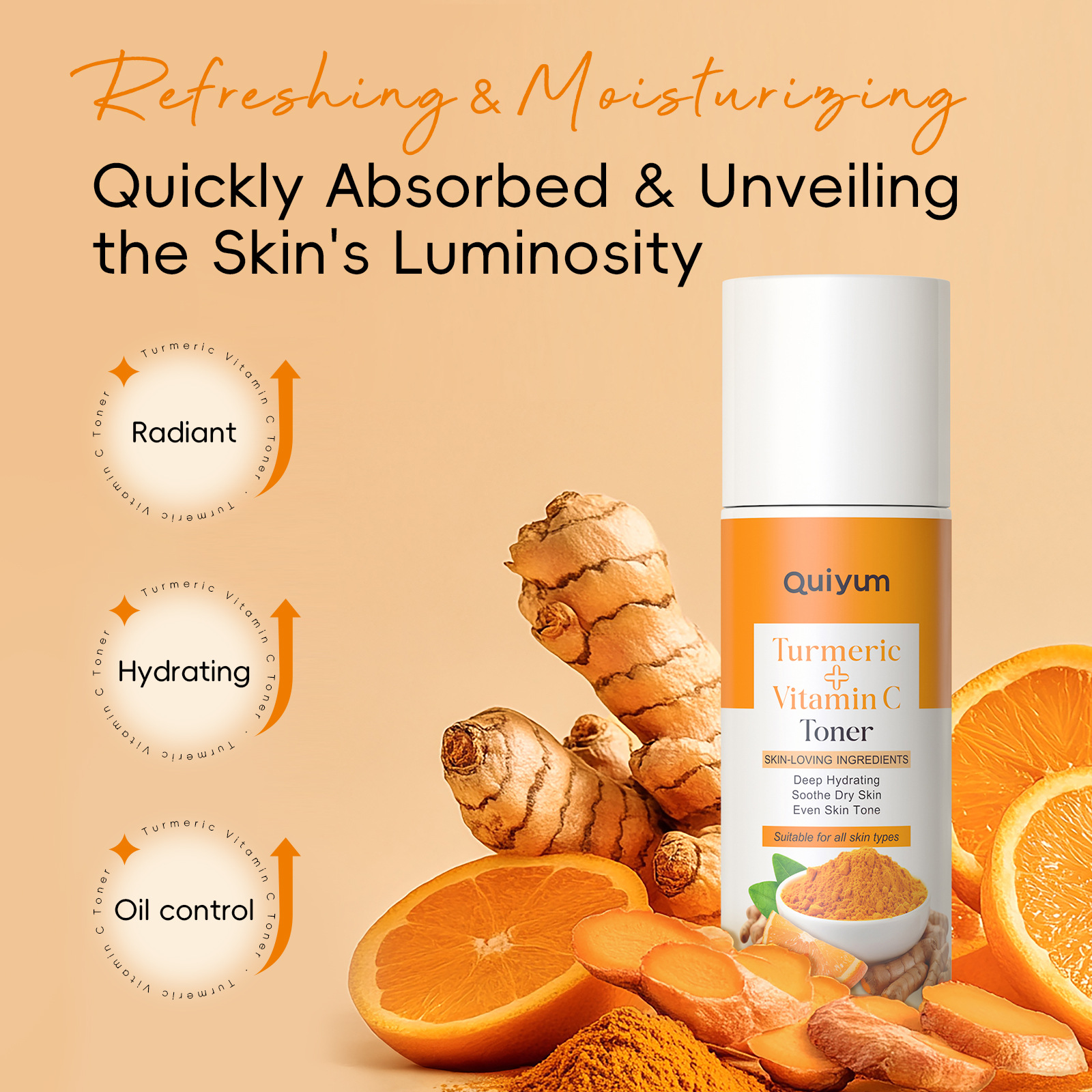 Cross-border new product QUIYUM Turmeric Vitamin c Toner 100ml for hydrating and moisturizing the face is available for wholesale from the manufacturer details Picture