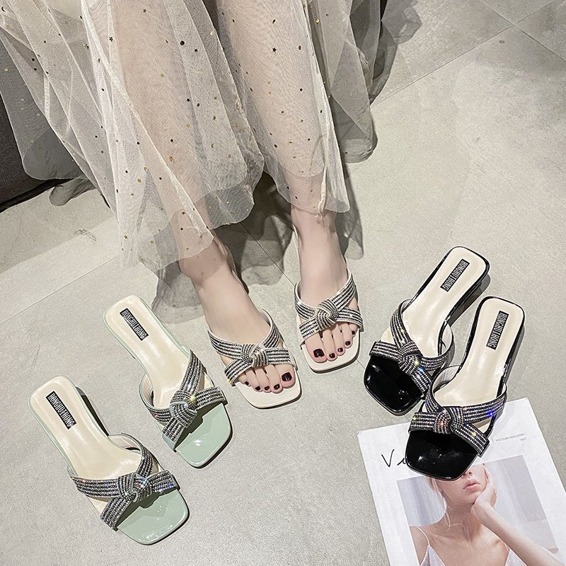 Summer Bow slippers for Women 2021 New casual outerwear, fresh and trendy water diamond cool slippers, Size 43 details Picture