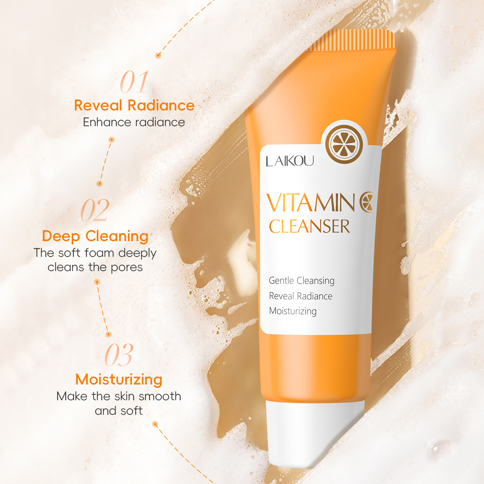 Cross-border LAIKOU's new Vitamin c facial cleanser 100g moisturizing and pore-cleaning facial cleanser wholesale manufacturer in stock details Picture