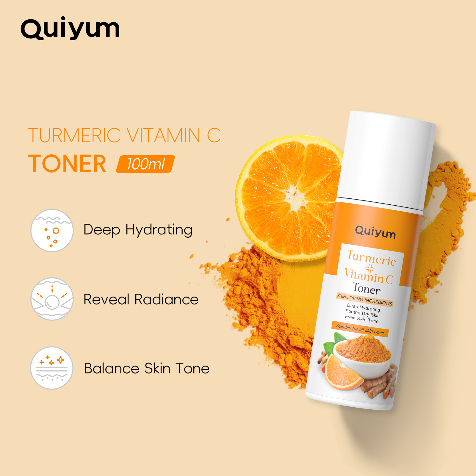 Cross-border new product QUIYUM Turmeric Vitamin c Toner 100ml for hydrating and moisturizing the face is available for wholesale from the manufacturer full figure
