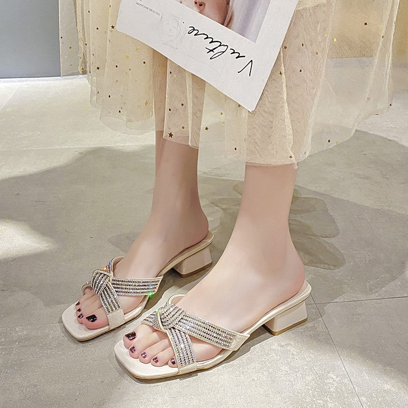 Summer Bow slippers for Women 2021 New casual outerwear, fresh and trendy water diamond cool slippers, Size 43 Specification drawing