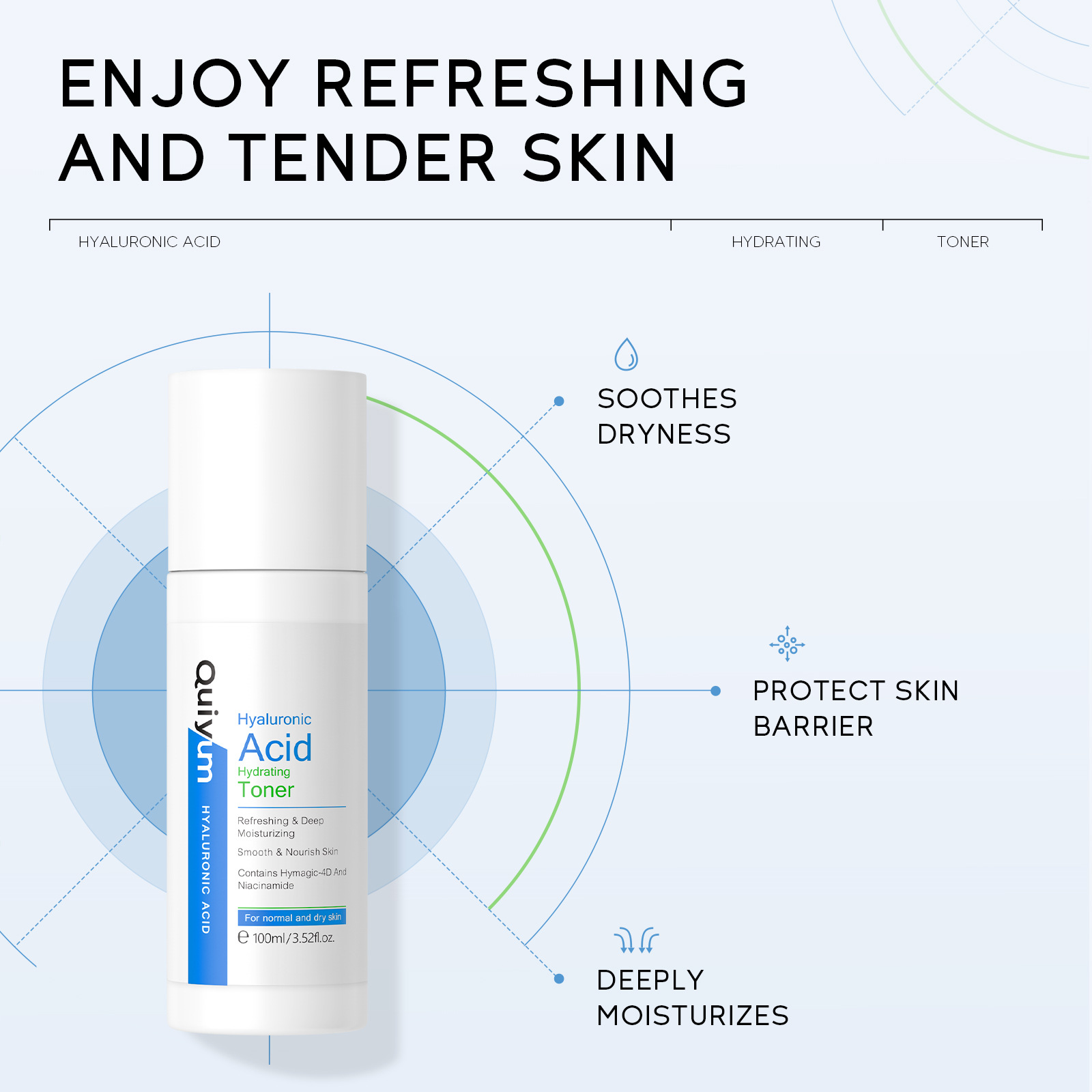 Cross-border quiyum Hyaluronic Acid Toner 100ml for hydrating, moisturizing, refining pores and brightening skin tone in stock details Picture