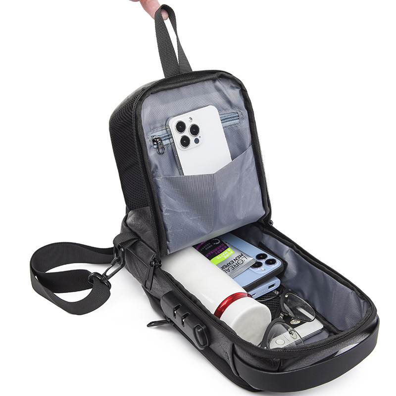 New men's chest bag, leather bag, crossbody bag, shoulder bag, sports mini backpack, multi-functional men's bag, combination lock, cross-border Item Picture