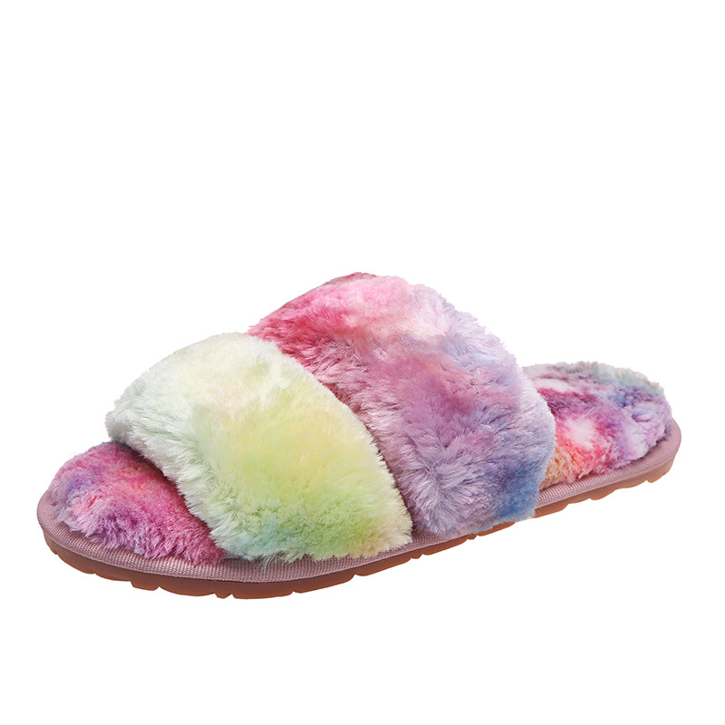 Amazon cross-border one-line woolen slippers, cork sole bow sandals, cross-border plush leopard print plus-size women's shoes Item Picture